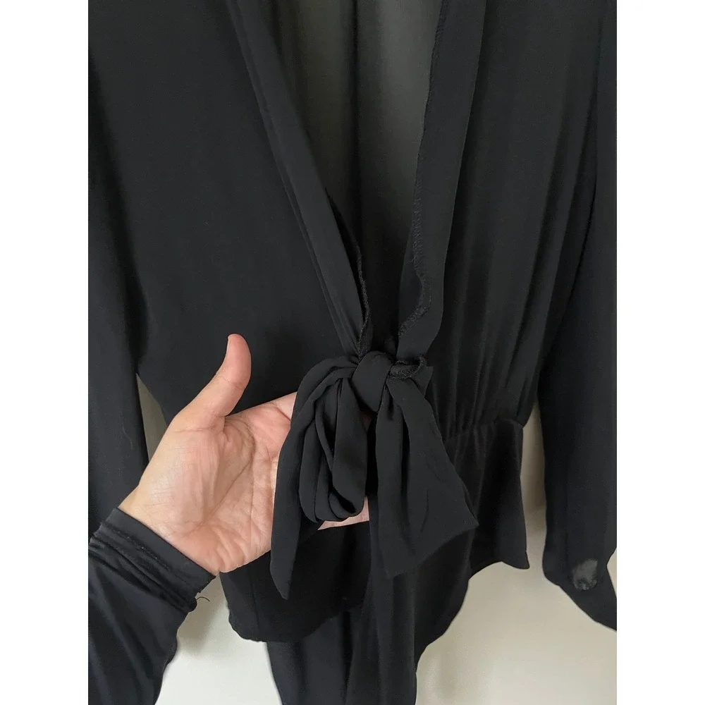 Zara Women Black Sheer Chiffon Tie Front Long Sleeve Bodysuit party neutral S
